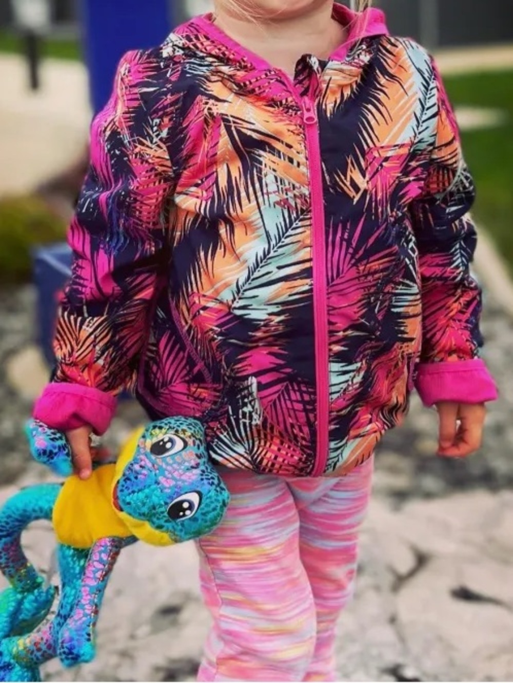 Gymboree Pink and Blue Palm Leaf Hooded Windbreaker Jacket Zip Up Small Girl 5-6